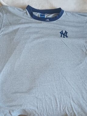 Adidas Light Gray Ringer Tee with Navy Trim and Logo